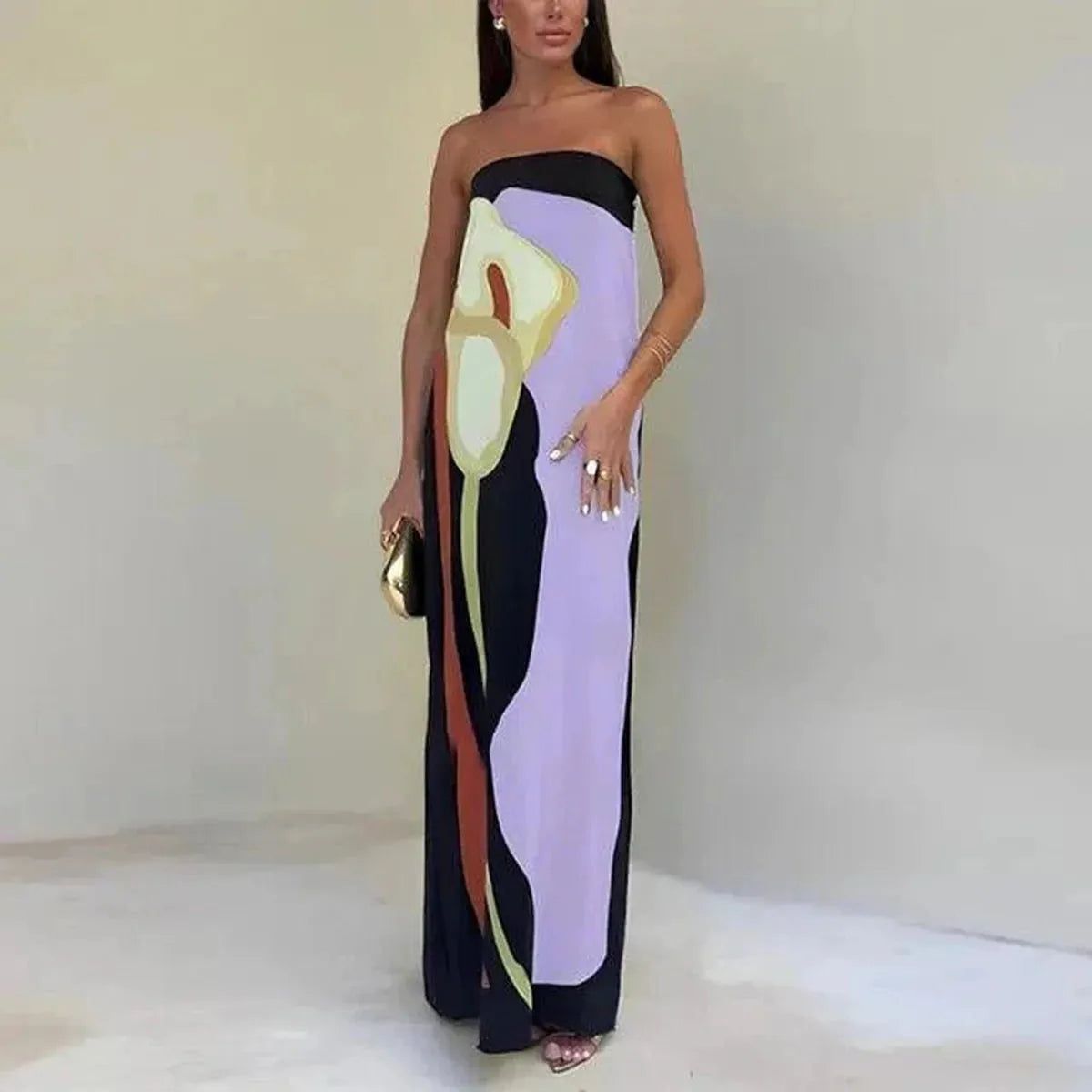 Abstract Print Strapless Maxi Dress