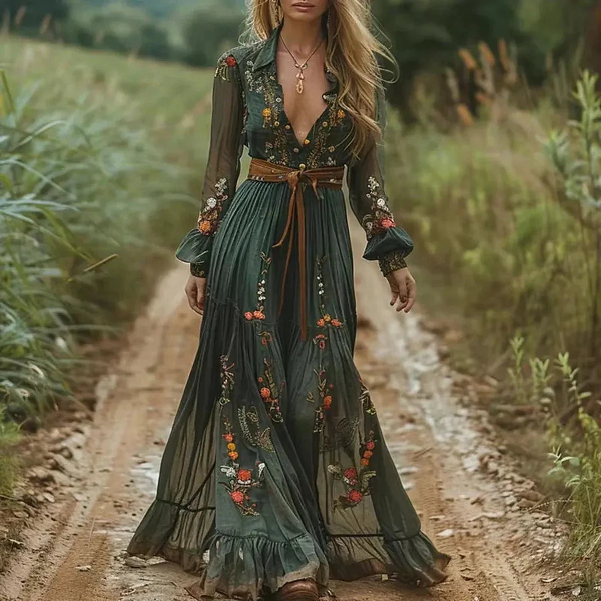 Bohemian Floral Print Maxi Dress With Long Sleeves
