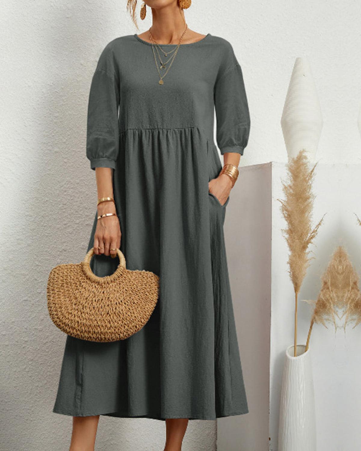 Women’s Midi Dress With Round Neckline And Lantern Sleeves