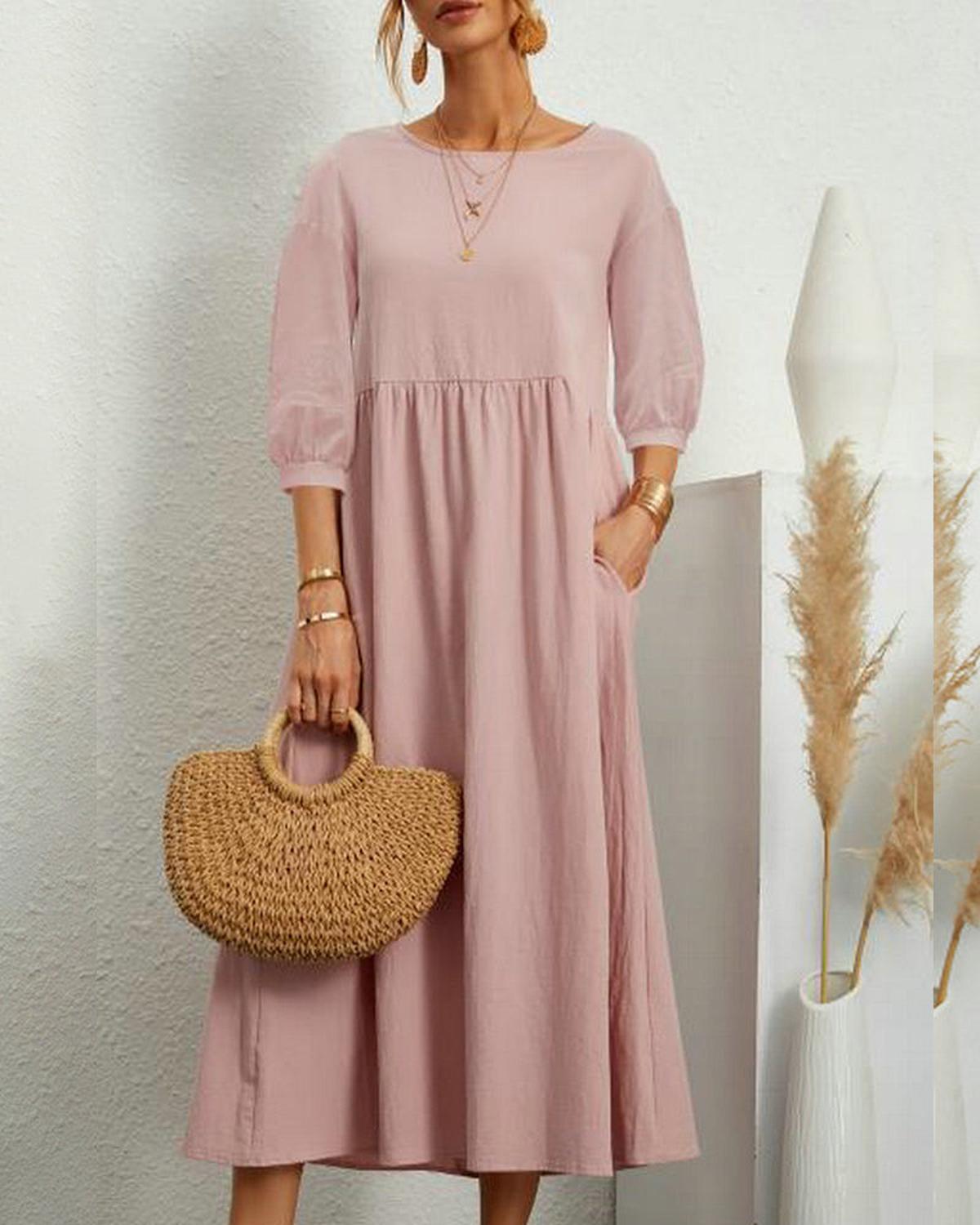 Women’s Midi Dress With Round Neckline And Lantern Sleeves
