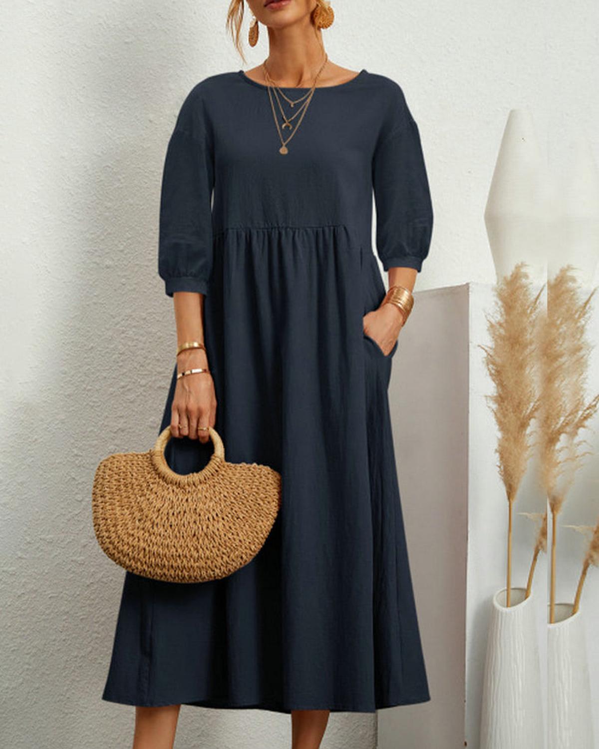 Women’s Midi Dress With Round Neckline And Lantern Sleeves