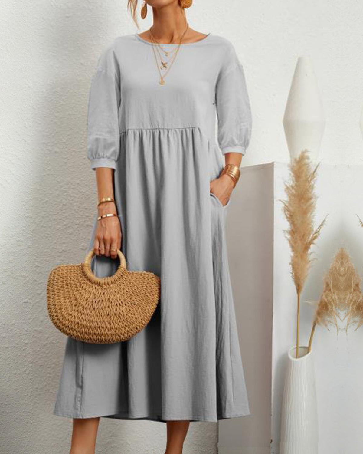 Women’s Midi Dress With Round Neckline And Lantern Sleeves