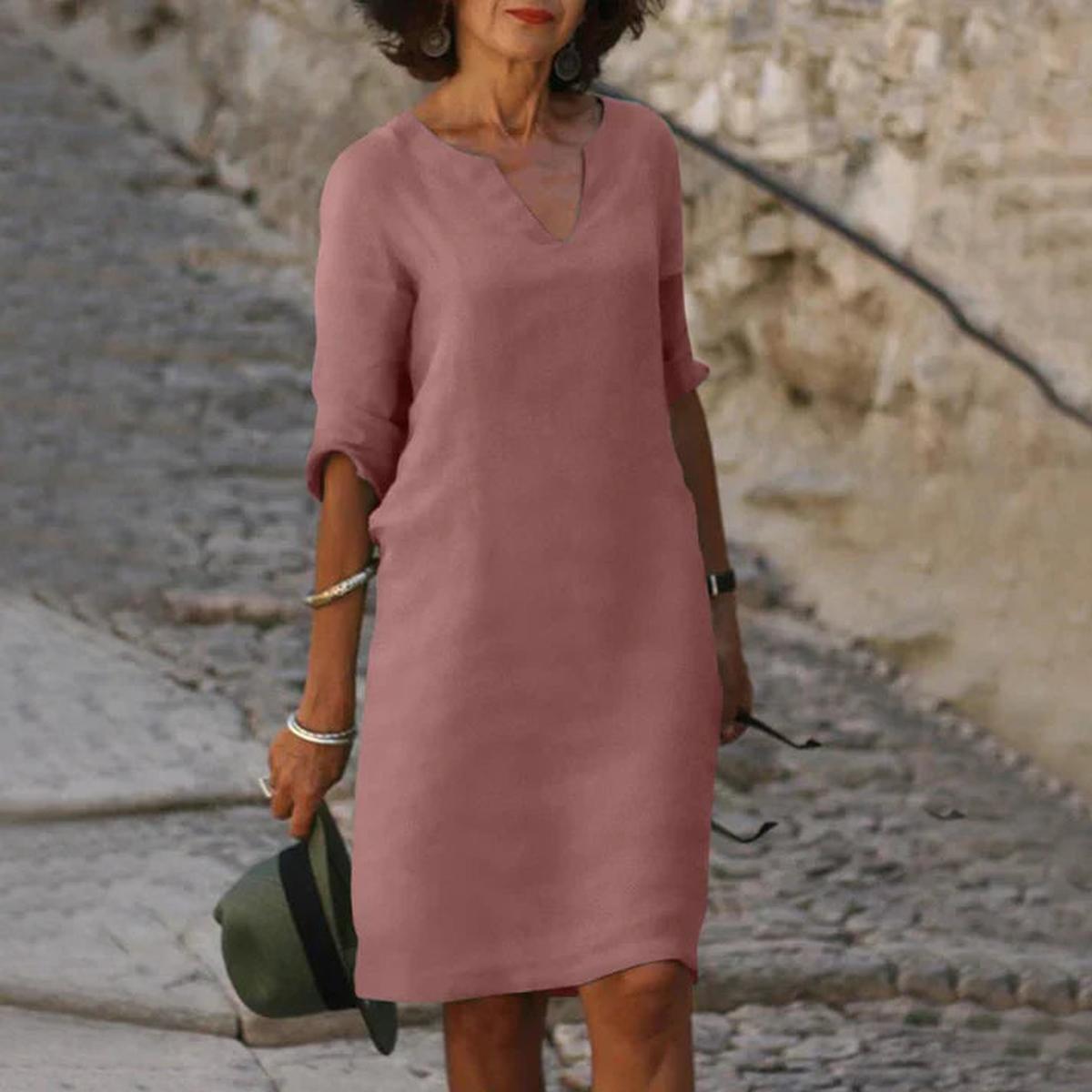 Elegant Linen V-Neck Midi Summer Dress