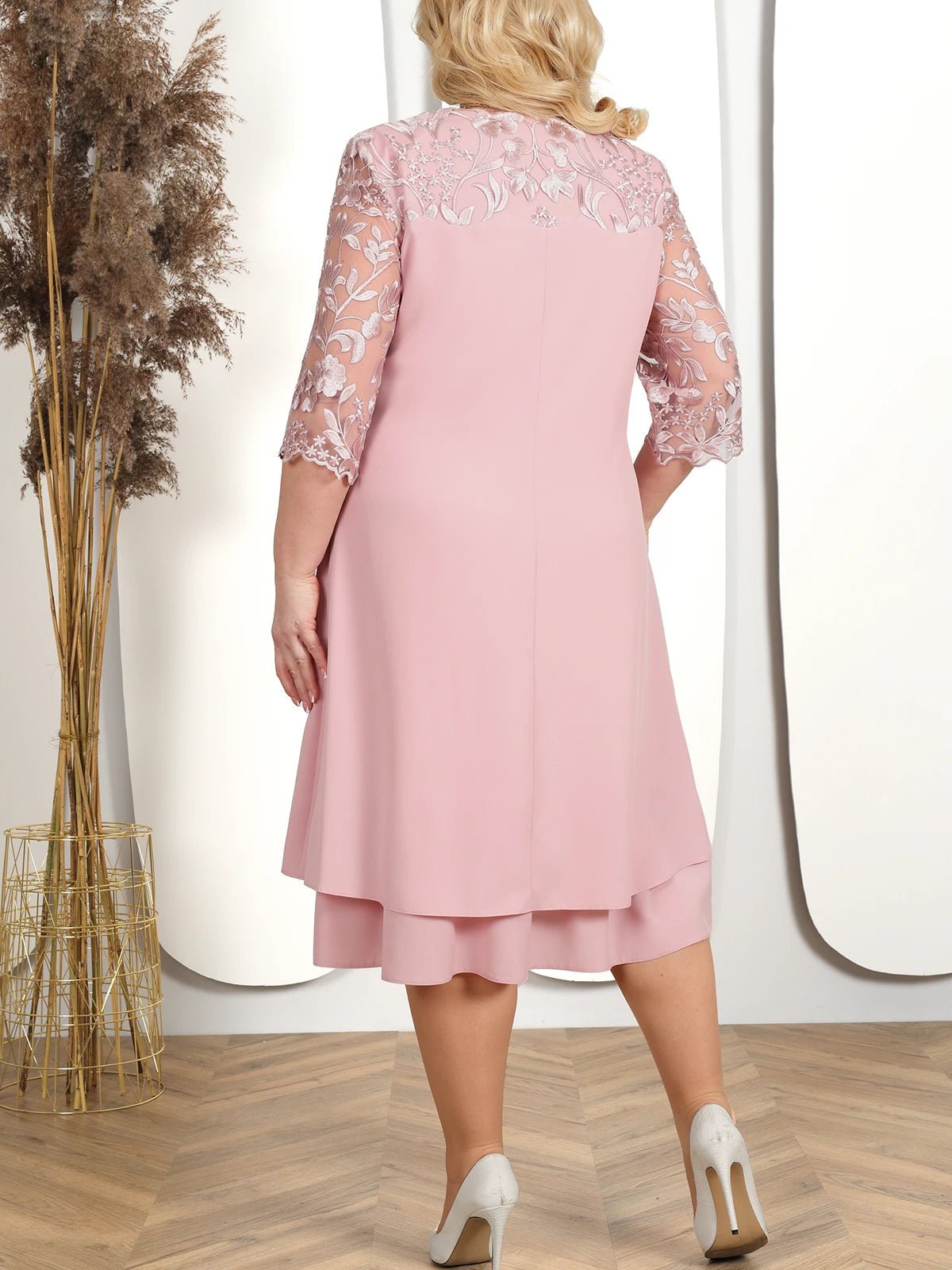 Embroidered Plus Size Banquet Dress With Sheer Sleeves