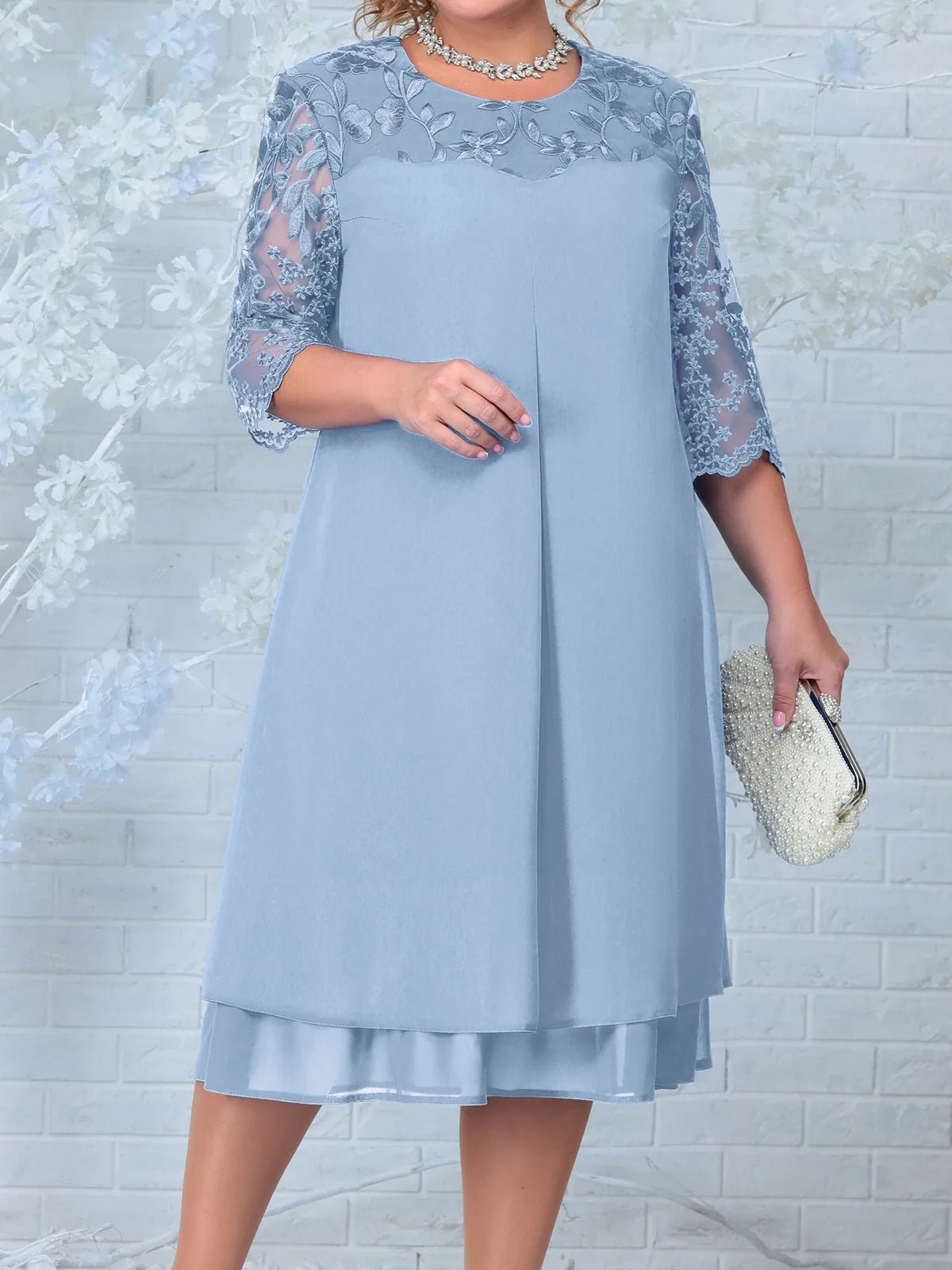 Embroidered Plus Size Banquet Dress With Sheer Sleeves
