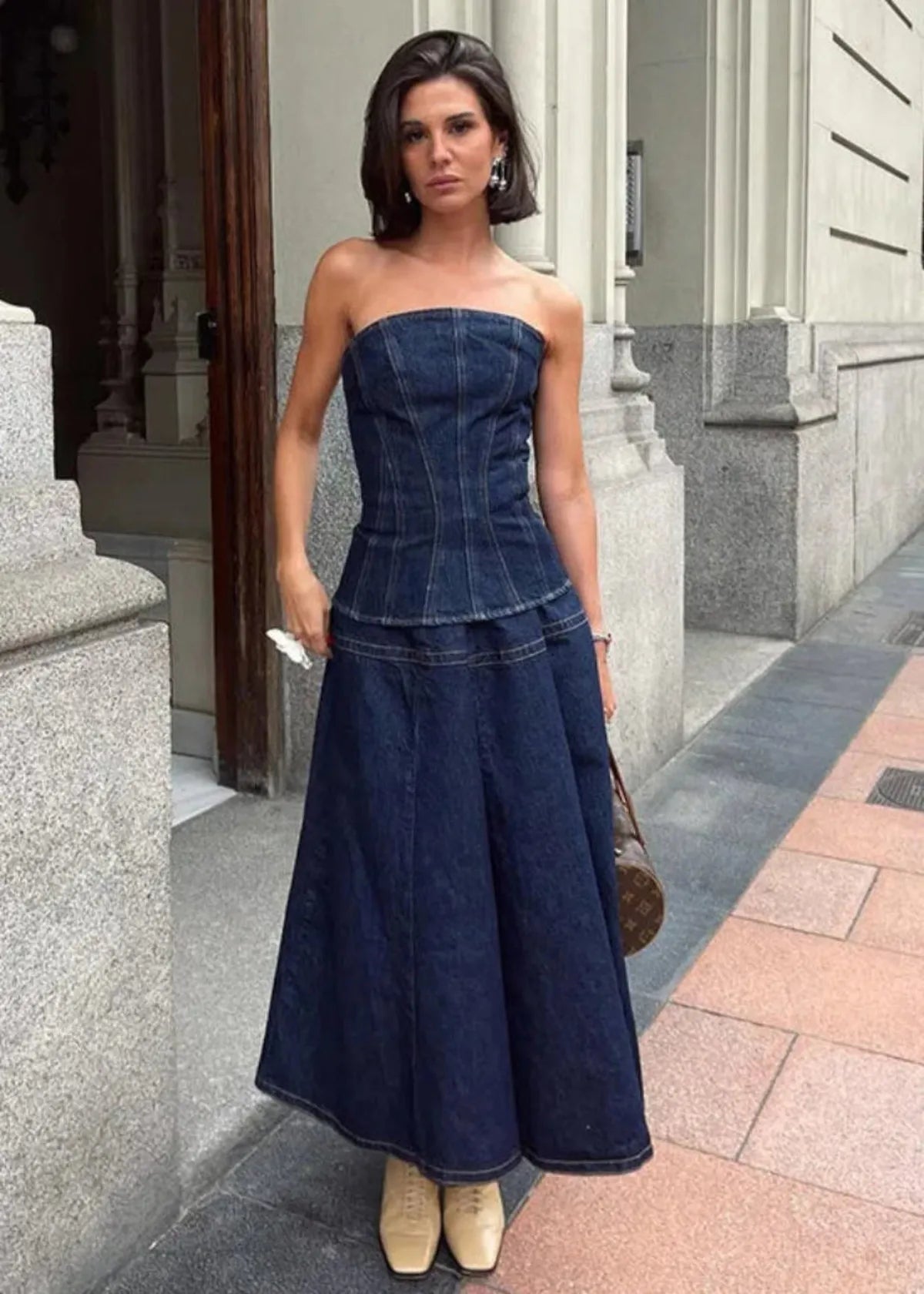 Faux Denim Maxi Dress With Corset-style Bodice
