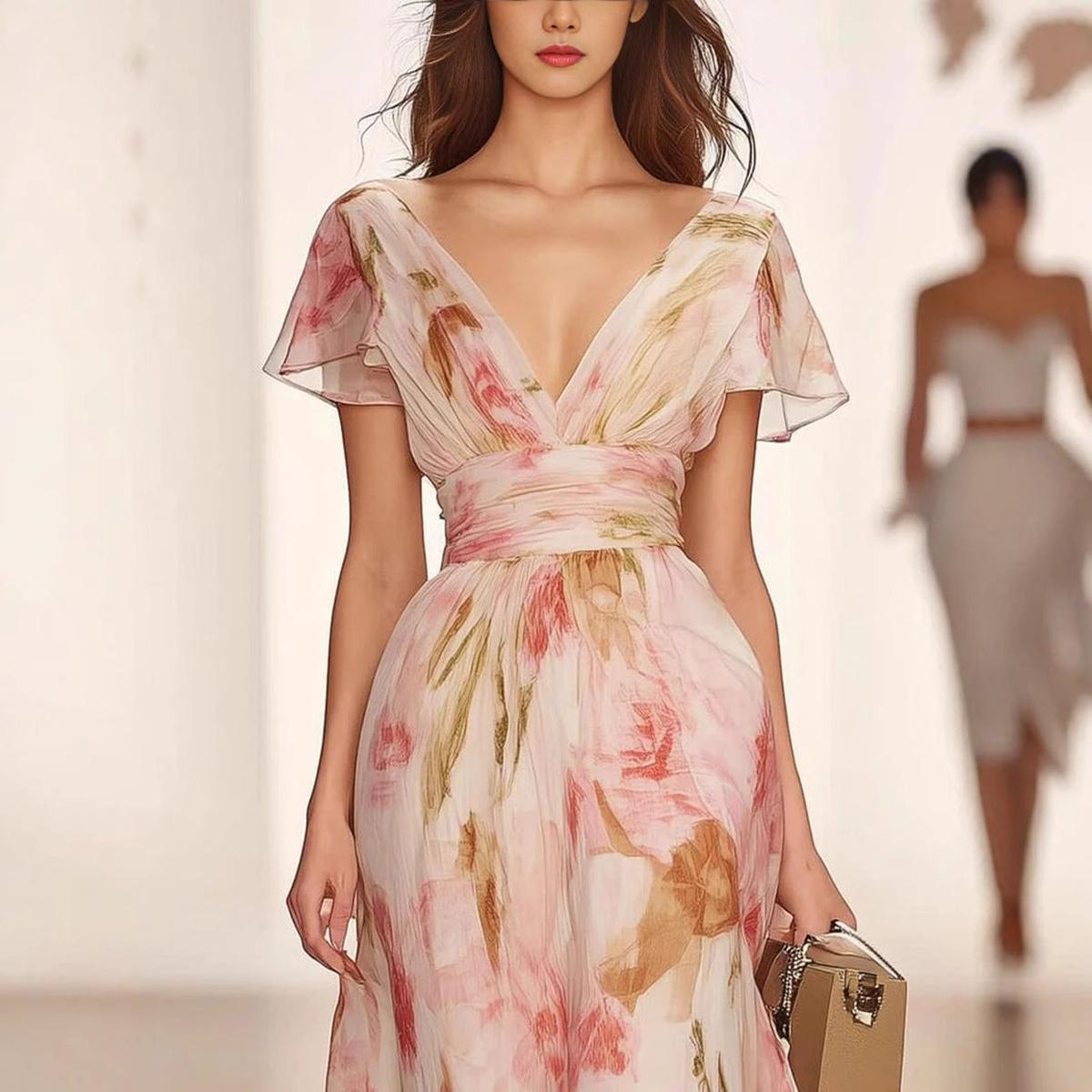 Flutter Sleeve Floral Fit And Flare Maxi Dress