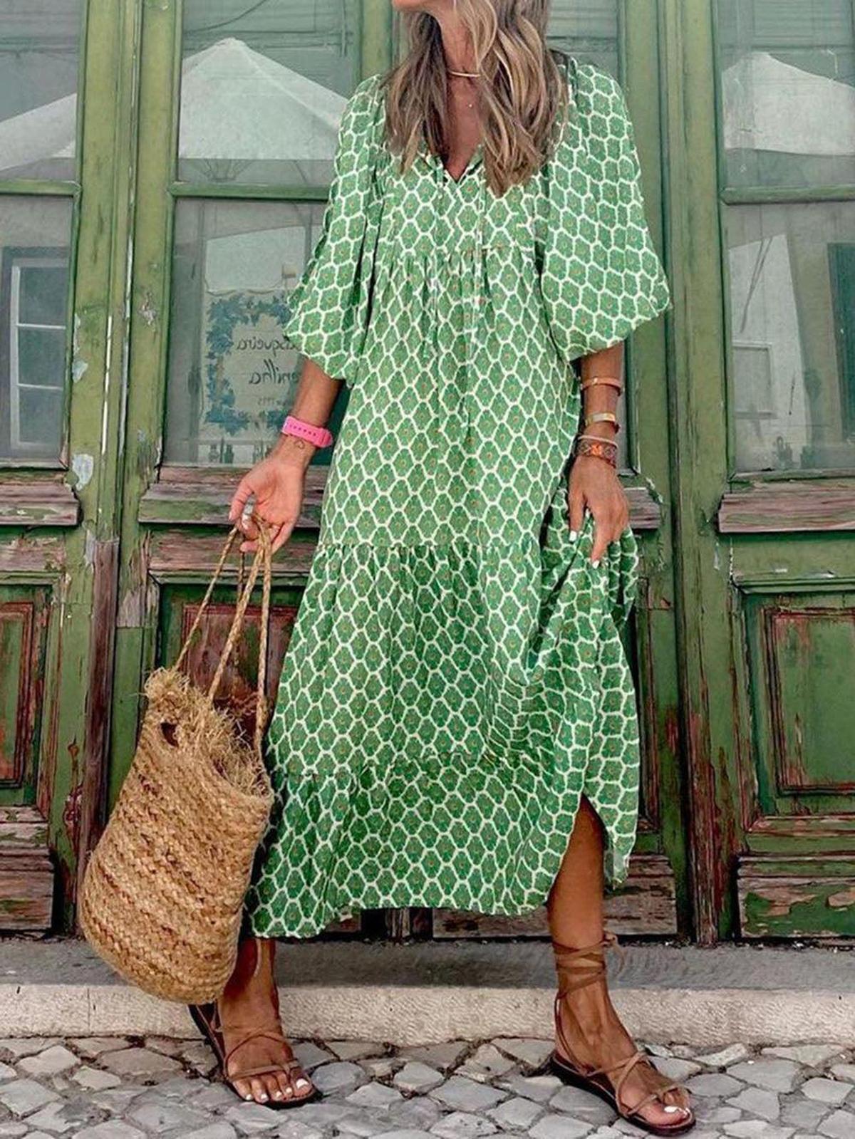 Geometric Print V-Neck Tiered Maxi Dress