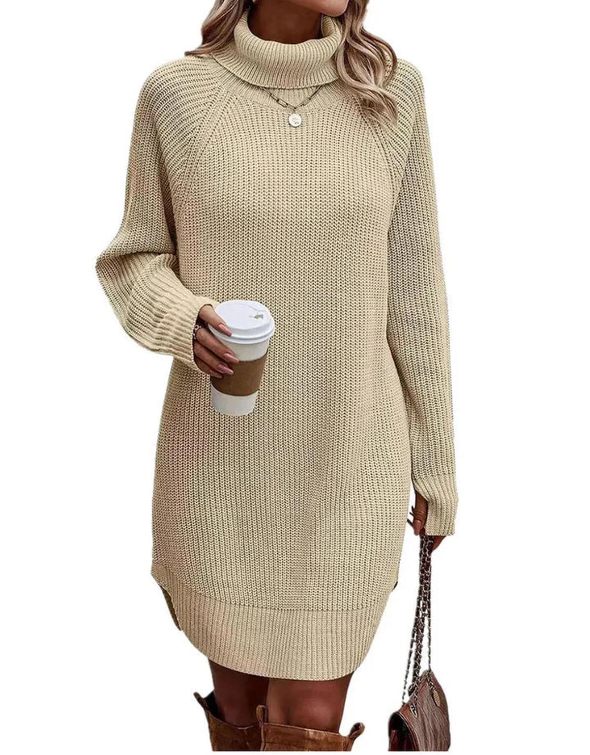 Knitted Roll Neck Dress For Women - Soft Chunky Knit, Relaxed Fit, Versatile Style