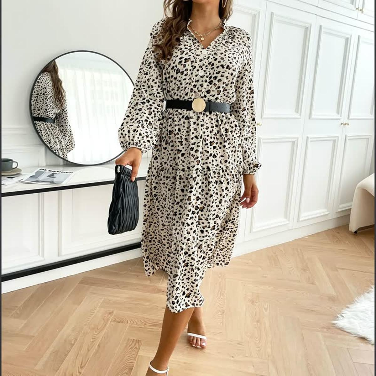 Long-Sleeve Leopard Print Dress For Women