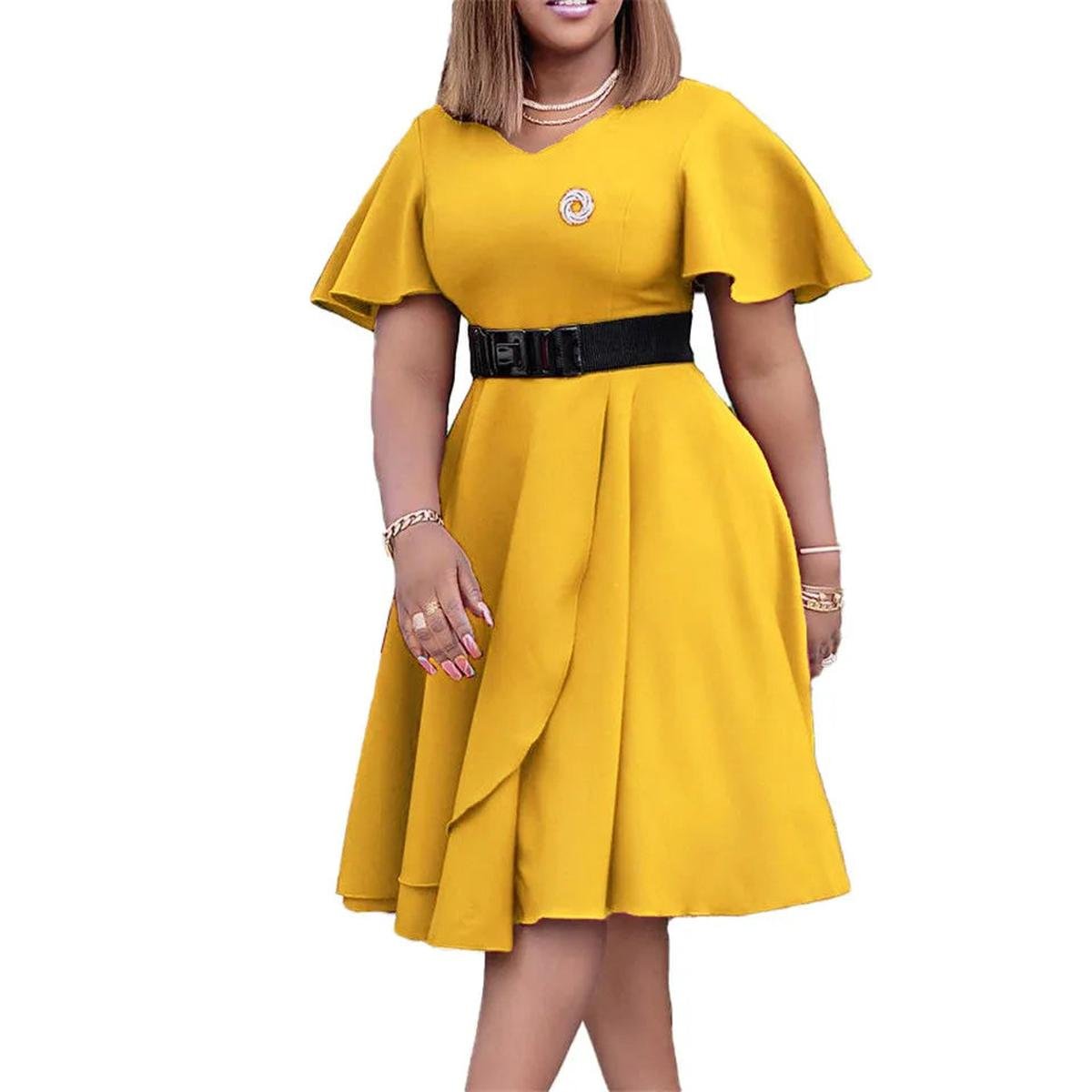 Plus Size High Waist A-Line Dress With Belt