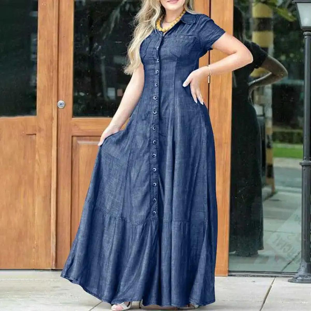 Plus Size Maxi Denim Dress With Pockets