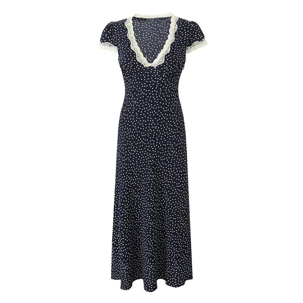 Polka Dot Lace-Trim Midi Dress