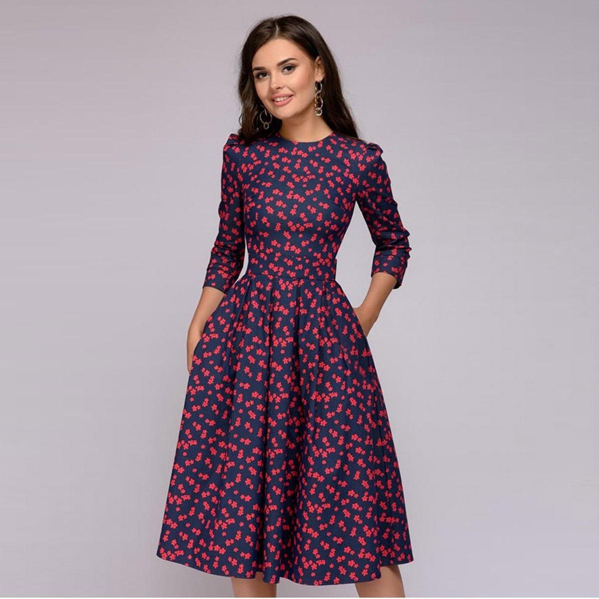 Retro Floral Dress With 3/4 Puff Sleeves