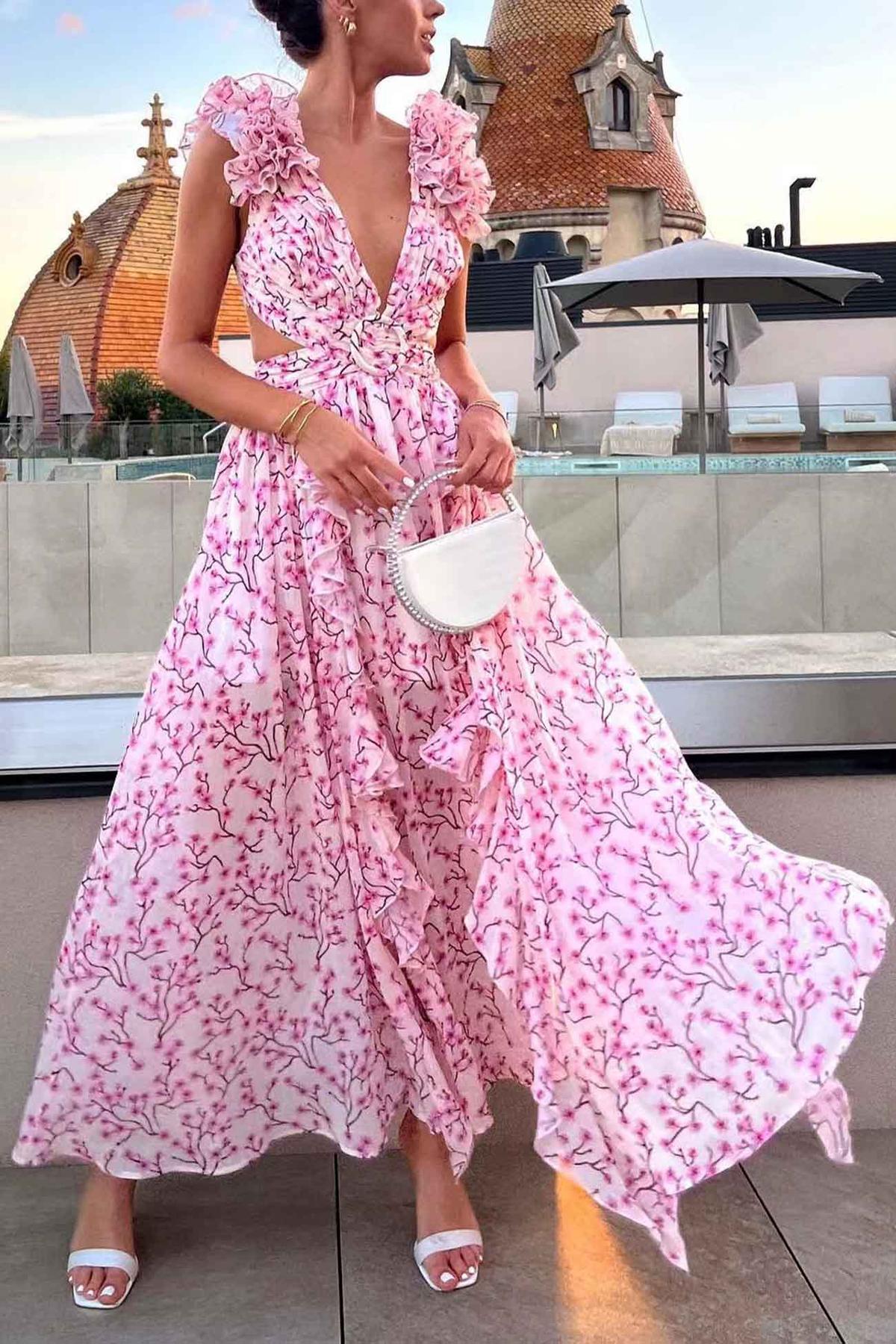 Ruffled Sleeve Cut-Out Waist Floral Maxi Dress