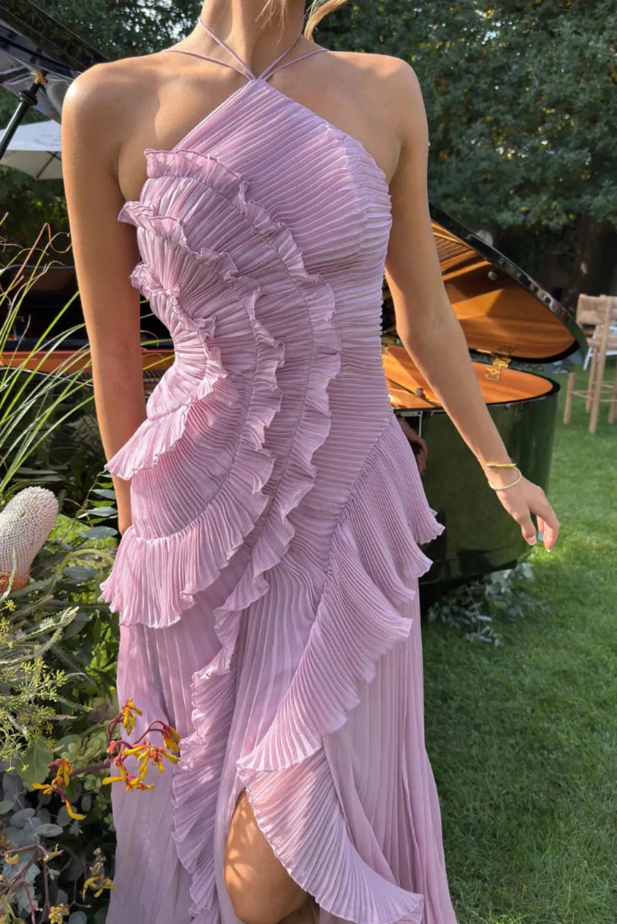 Ruffled Split Backless Halter Maxi Dress