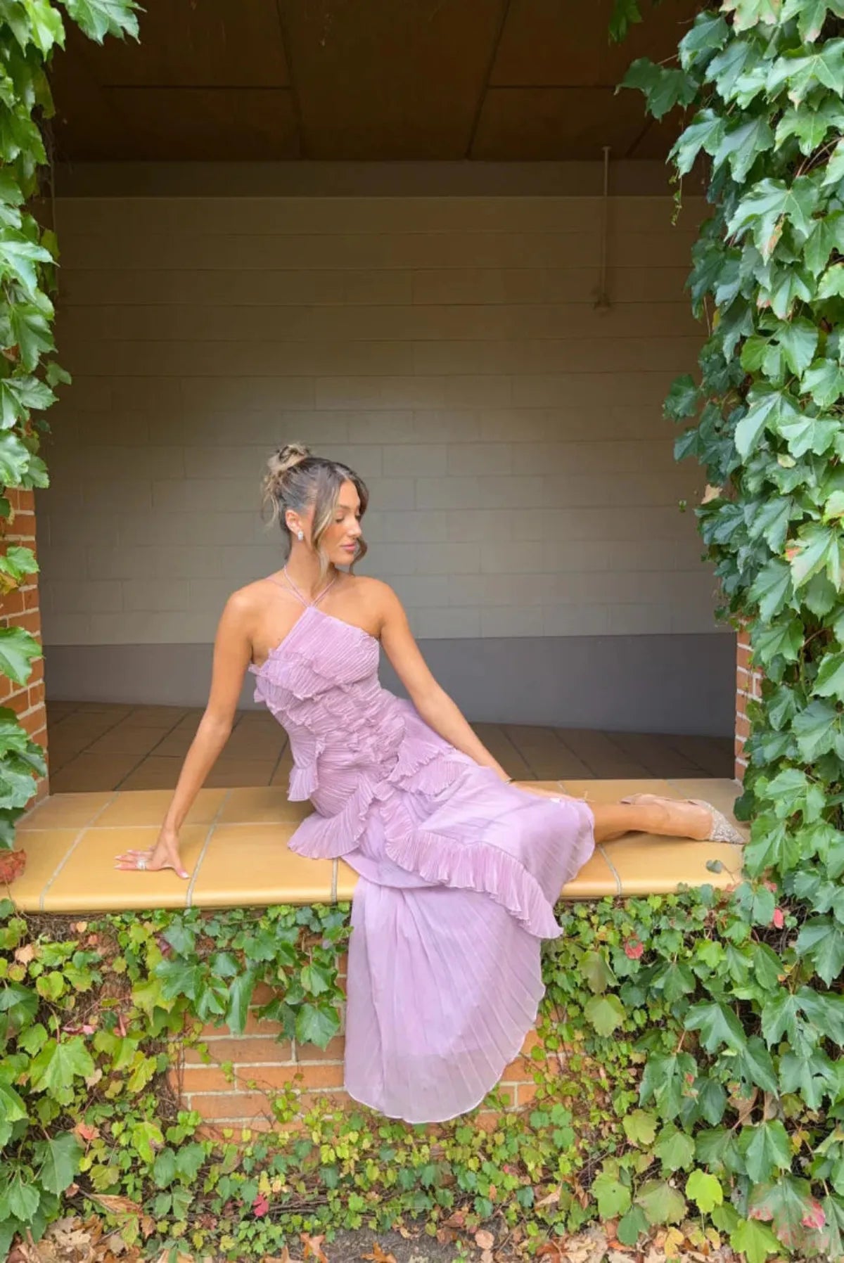 Ruffled Split Backless Halter Maxi Dress