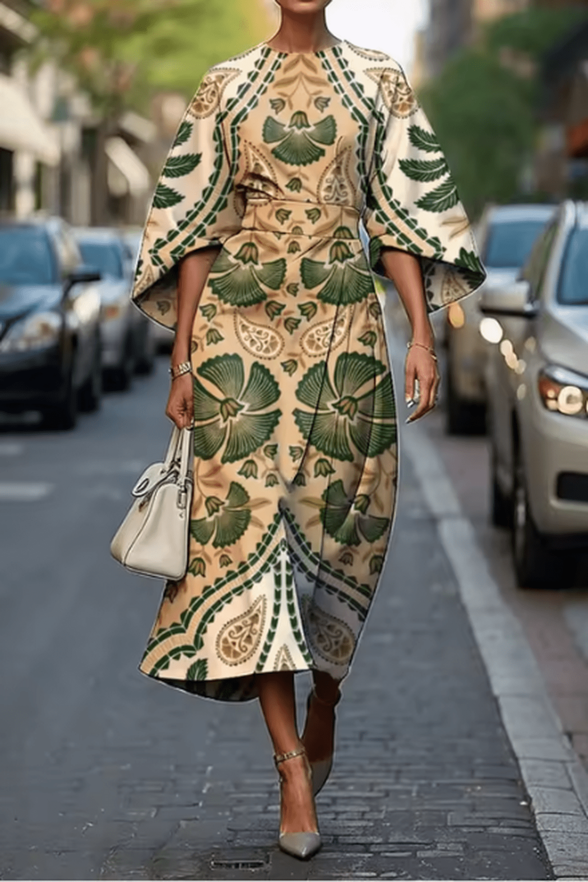 Satin Geometric Print A-Line Midi Dress