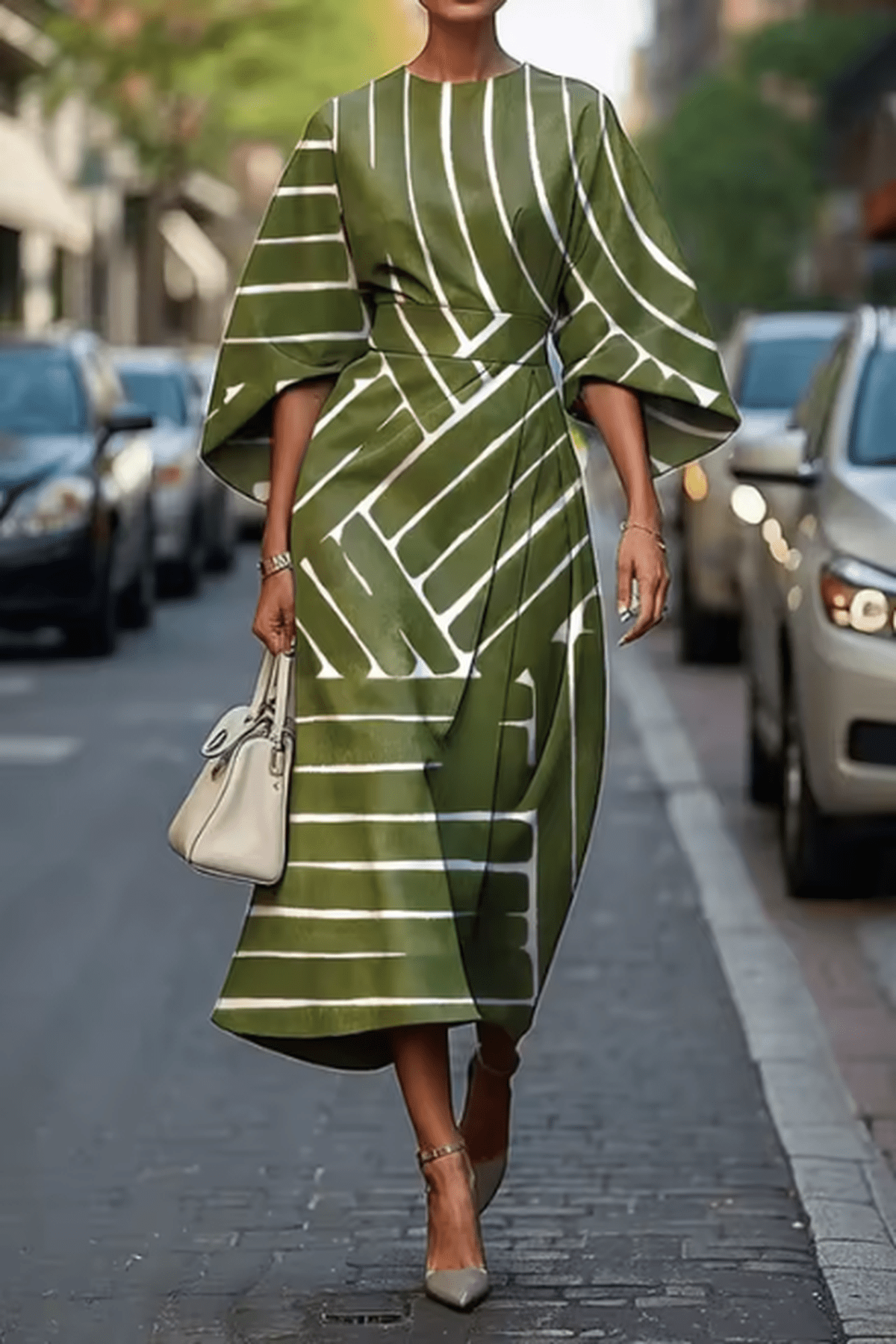 Satin Geometric Print A-Line Midi Dress