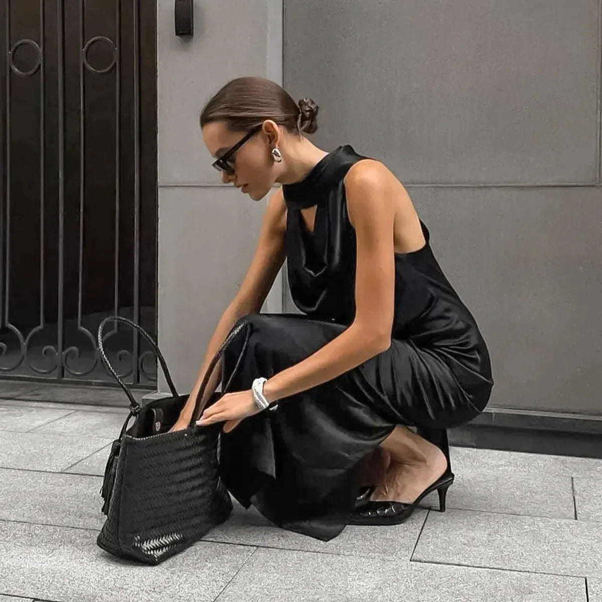 Satin Halter Maxi Dress with Scarf Detail