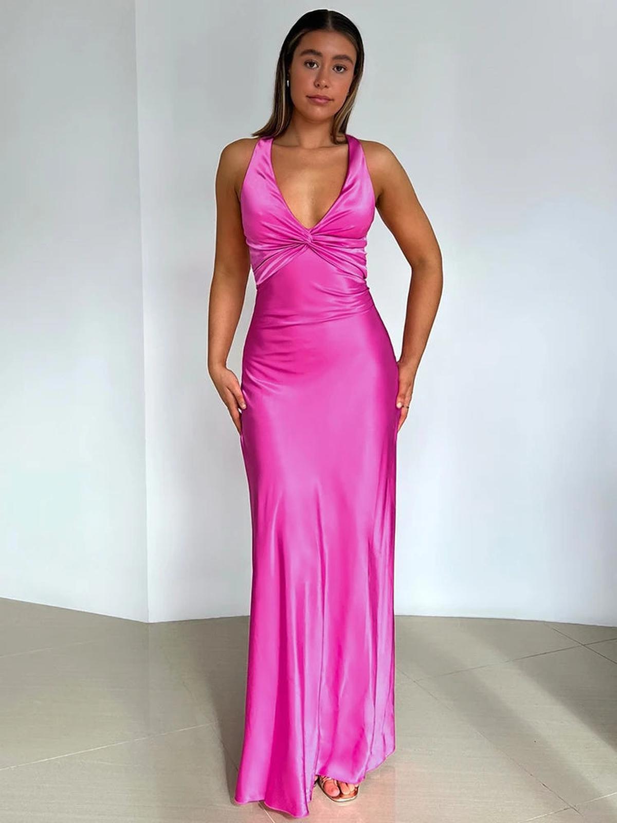 Satin Halter Neck Sleeveless Evening Gown