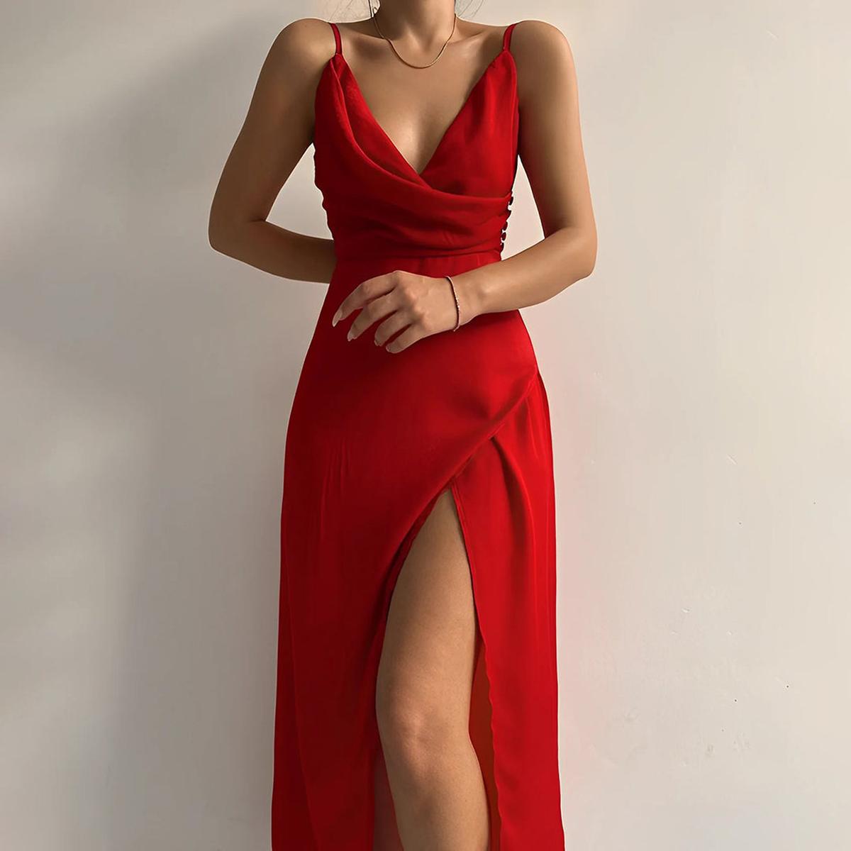 Satin Summer Maxi Dress With Waterfall Neckline And High Slit