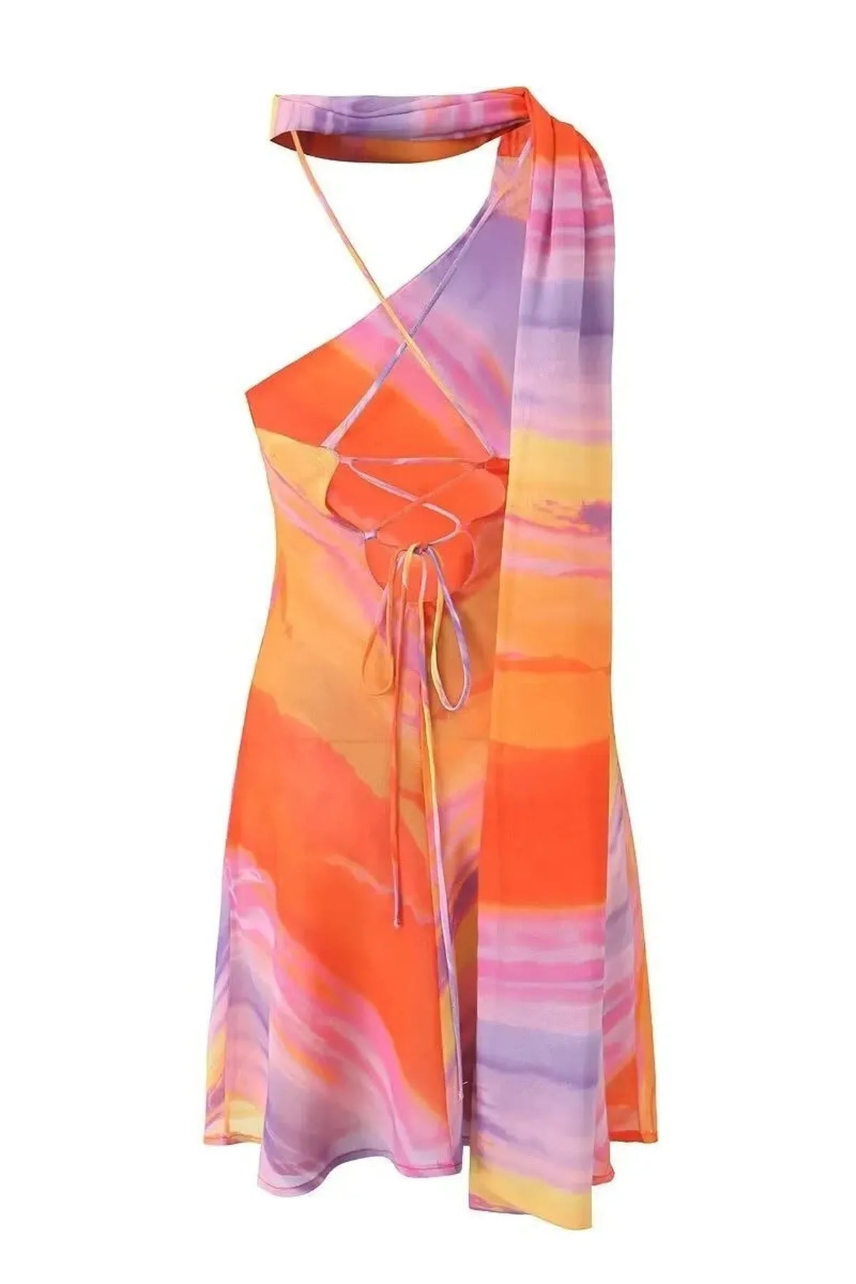 Semi-Sheer Halter Backless Tie Dye Mini Dress