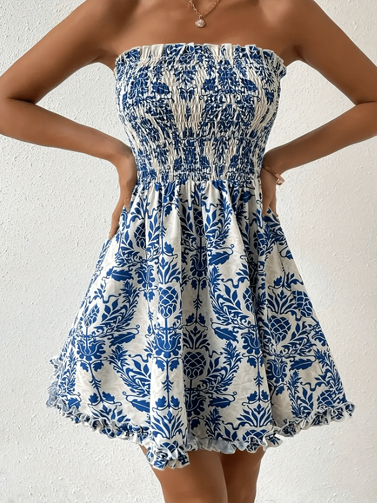 Shirred Strapless Mini Dress