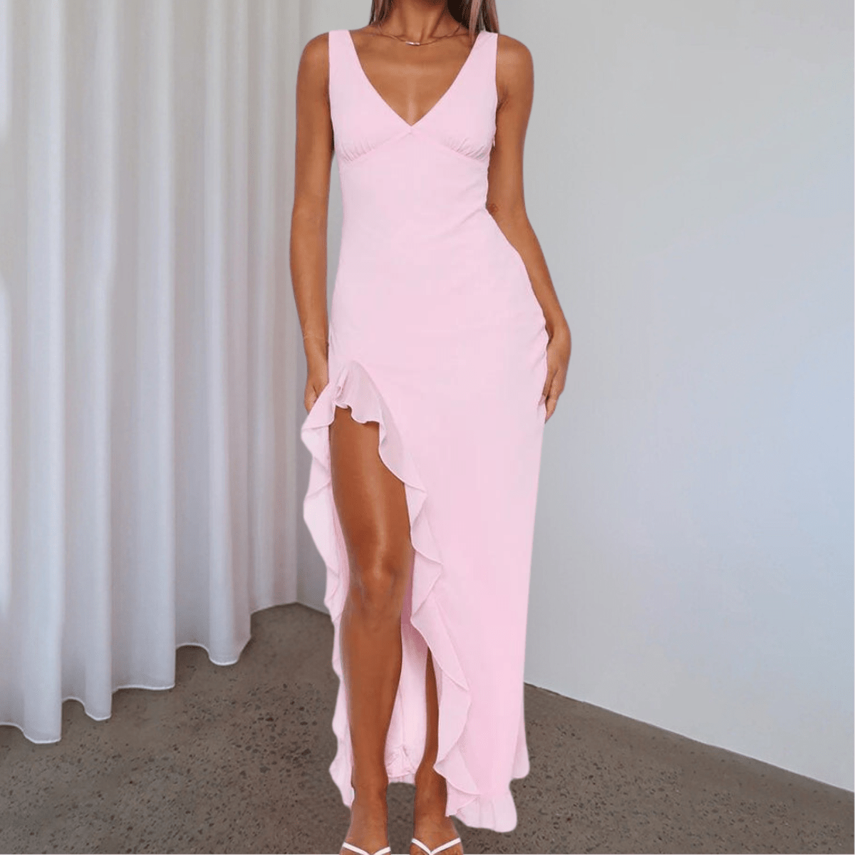 Sleeveless Deep V-Neck High-Low Evening Dress