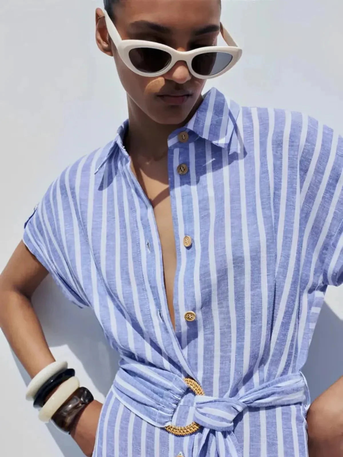 Striped Linen-Blend Maxi Dress with Belt