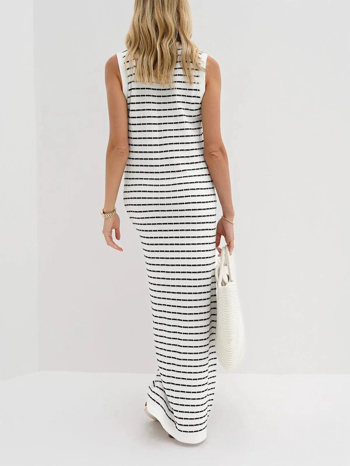 Striped Metal Button Long Knit Sweater Dress