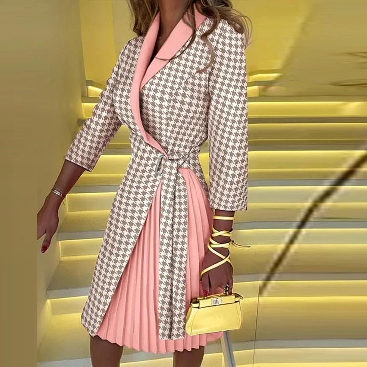 Stylish Women's Blazer Midi Dress With Houndstooth Pattern And Adjustable Belt