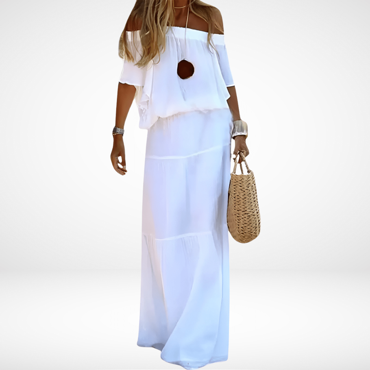 White Off-Shoulder Chiffon Maxi Beach Dress