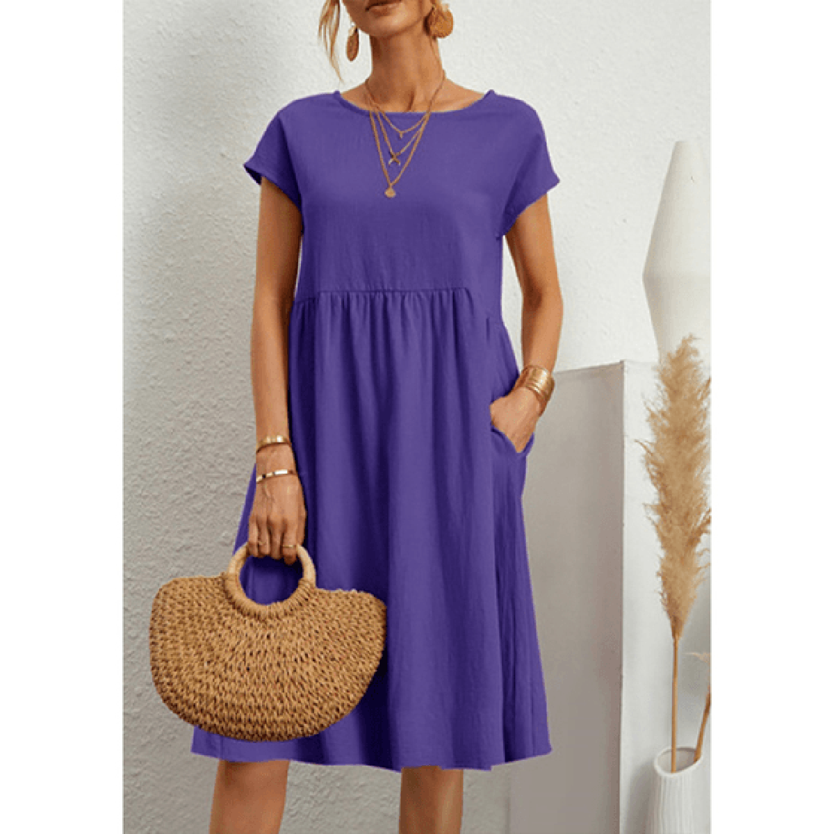 Women's Cotton Linen A-Line Short Sleeve Midi Dress