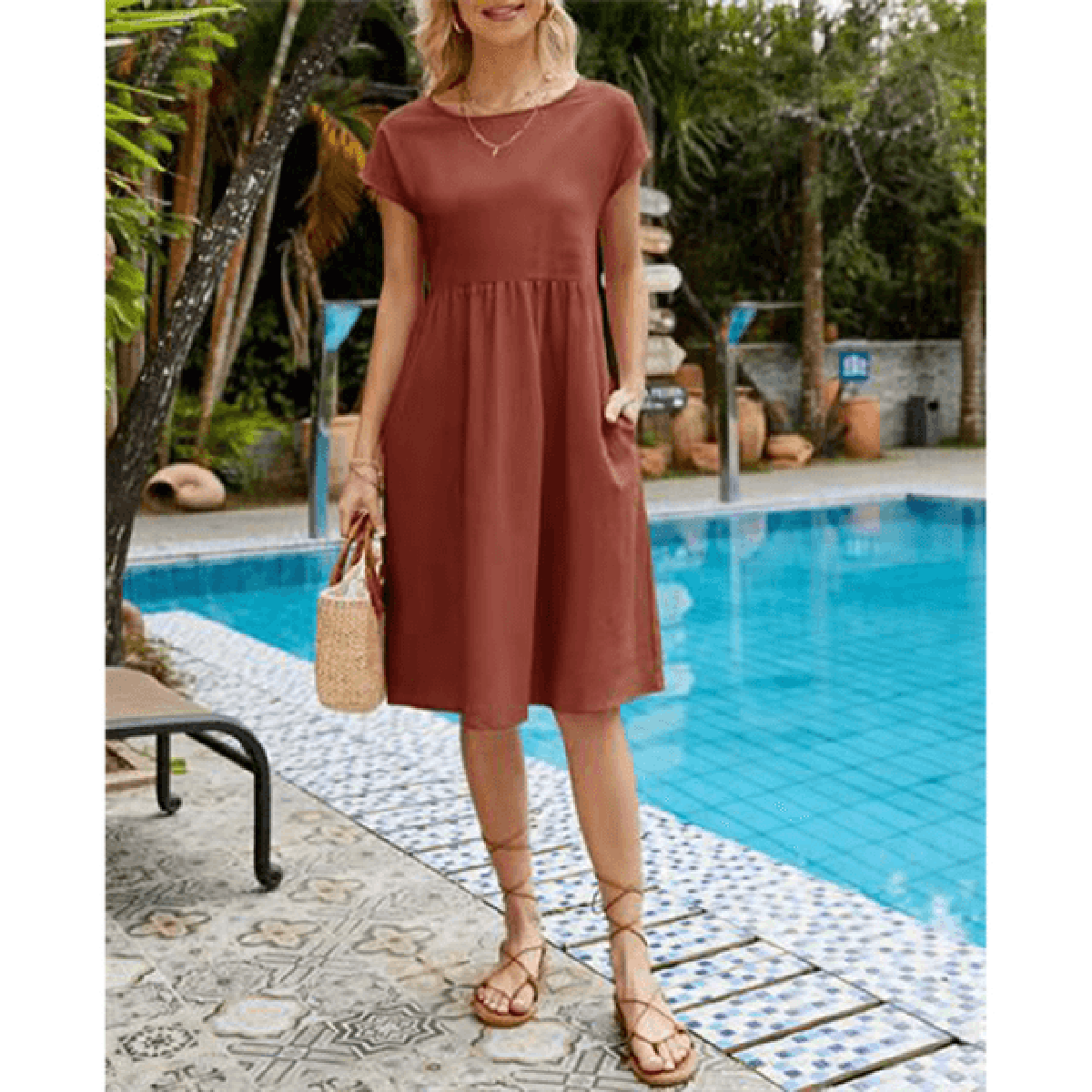Women's Cotton Linen A-Line Short Sleeve Midi Dress