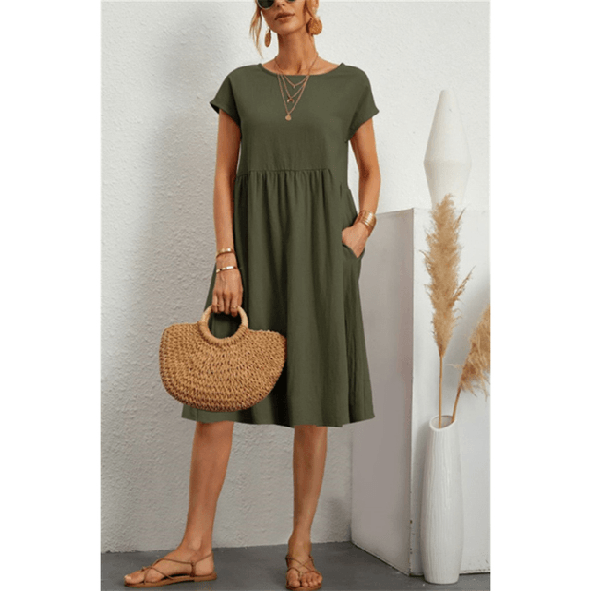 Women's Cotton Linen A-Line Short Sleeve Midi Dress