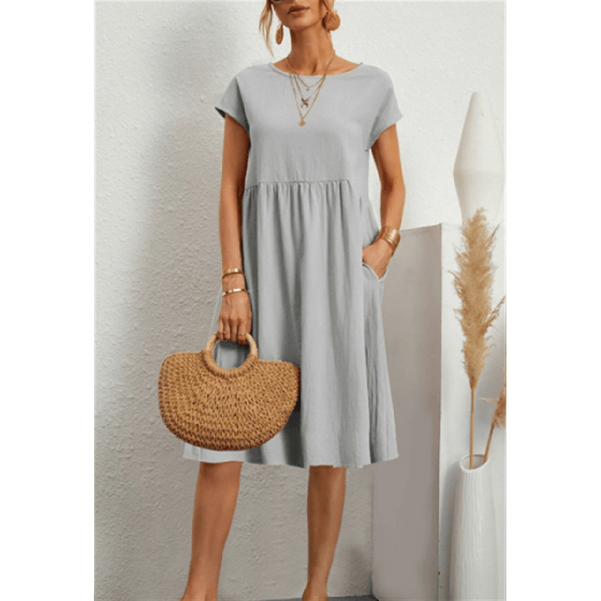 Women's Cotton Linen A-Line Short Sleeve Midi Dress