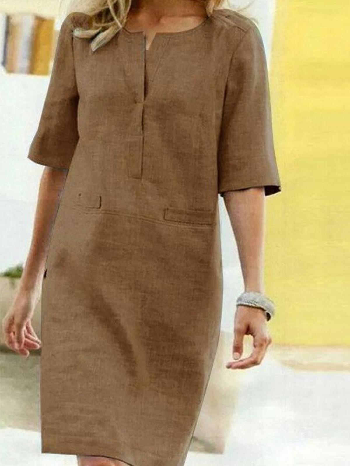 Women's Cotton Linen Shift Dress With V-Slit Neck