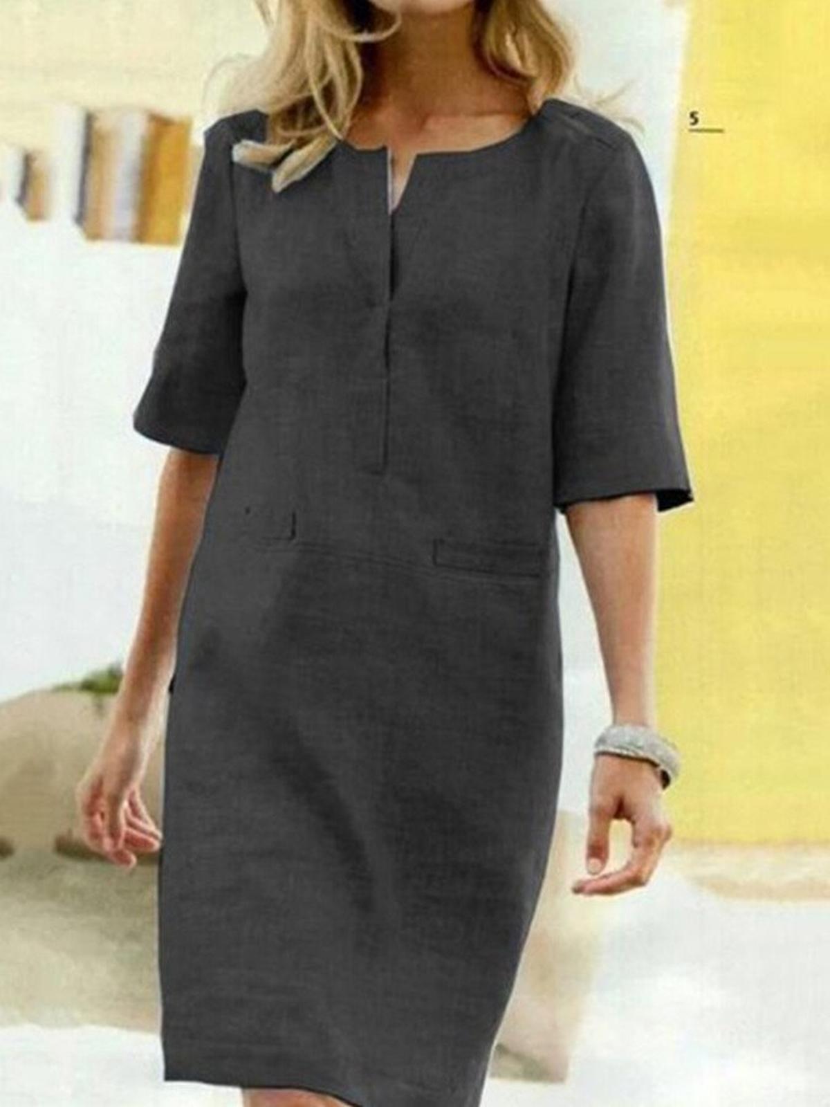 Women's Cotton Linen Shift Dress With V-Slit Neck