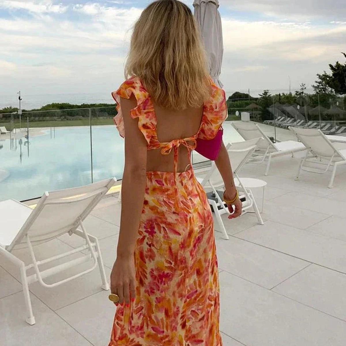 Women's Floral Ruffled V-Neck Maxi Dress
