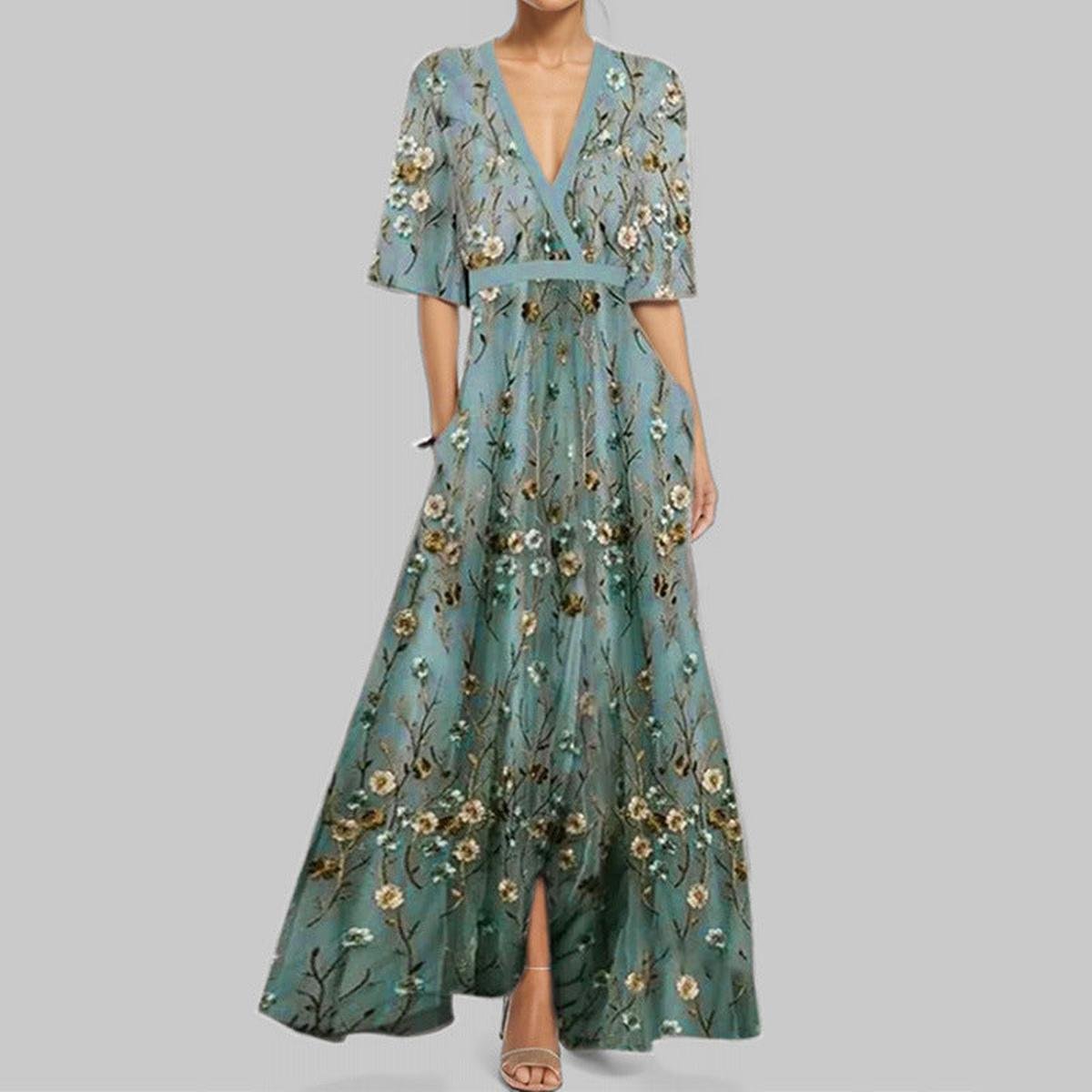 Women's Floral V-Neck Long Dress With Pockets