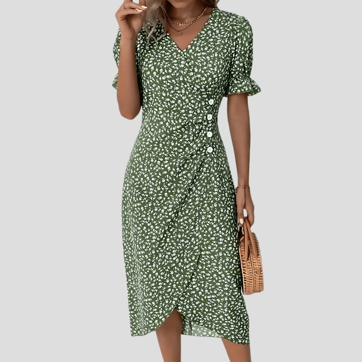 Women's Floral V-Neck Midi Dress With Puff Sleeves