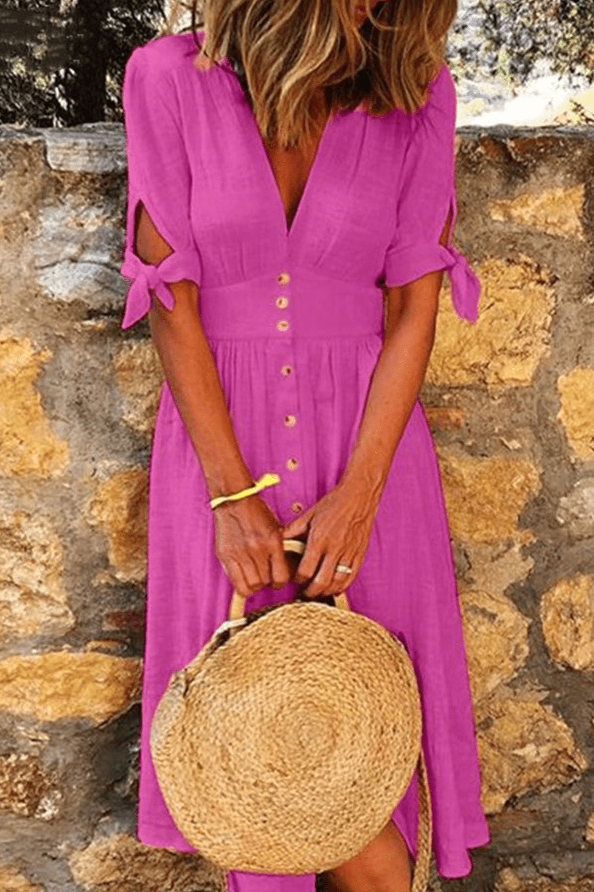 Women's Summer Button-Down V-Neck Midi Dress