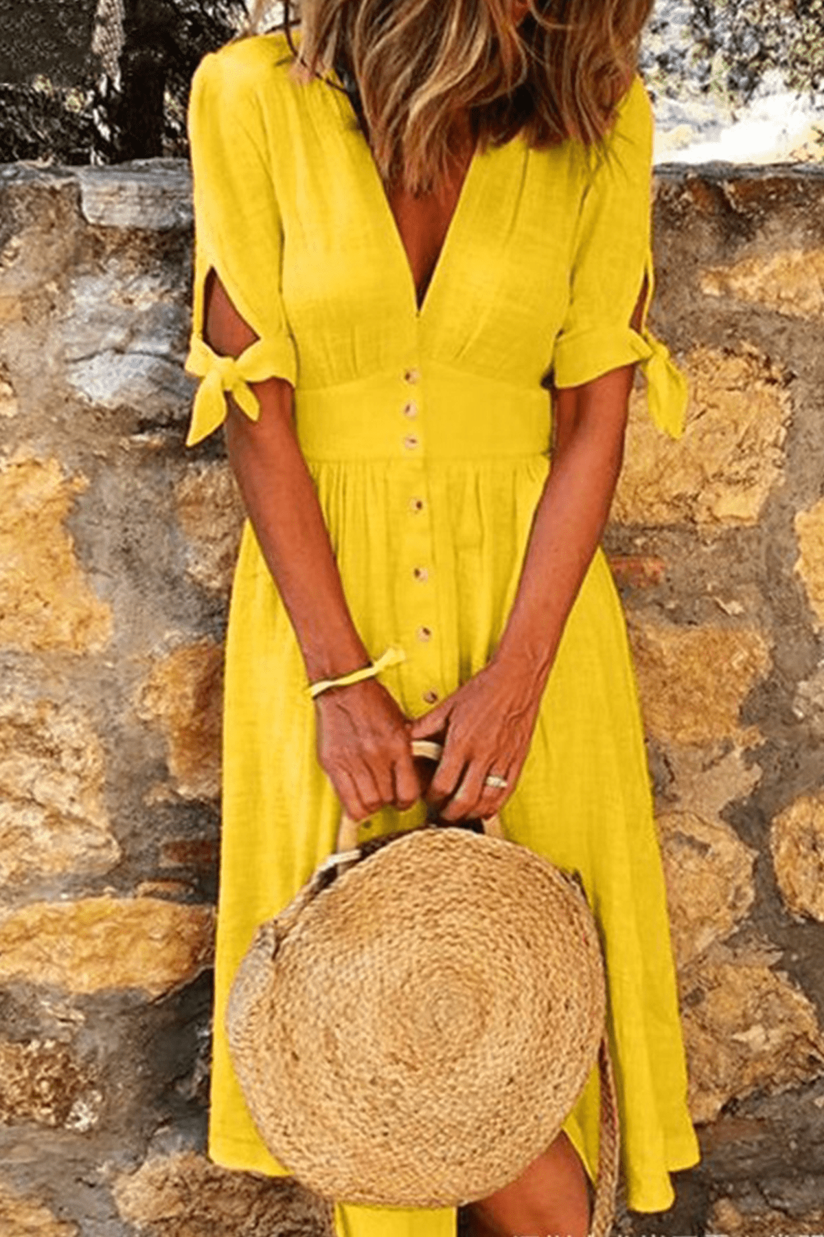 Women's Summer Button-Down V-Neck Midi Dress