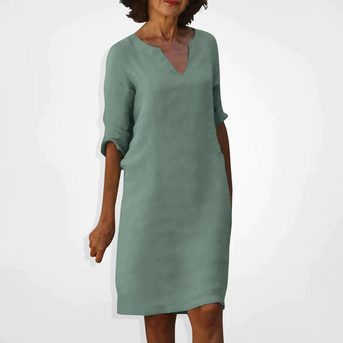 Women's Summer V-Neck Midi Dress With Three-Quarter Sleeves