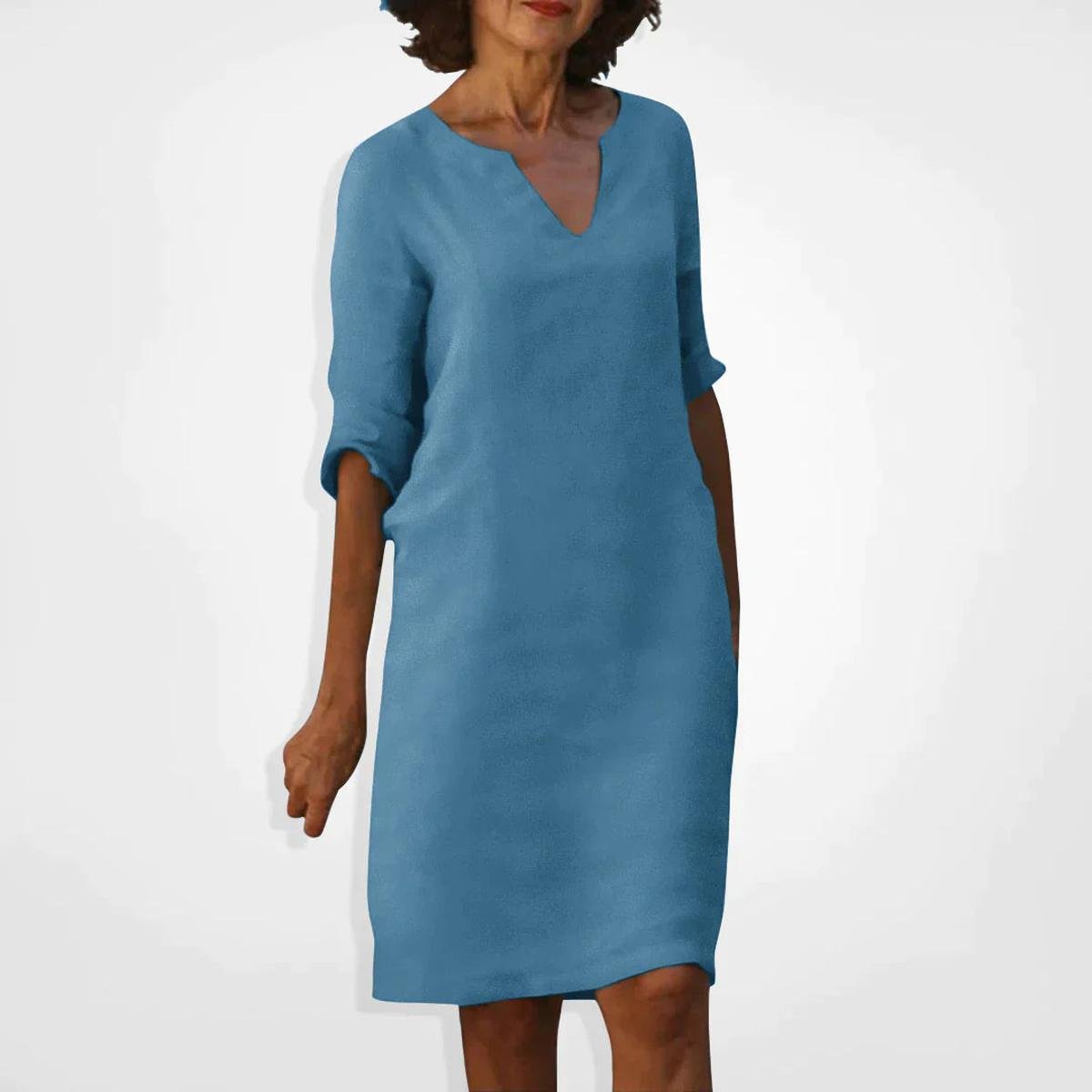 Women's Summer V-Neck Midi Dress With Three-Quarter Sleeves