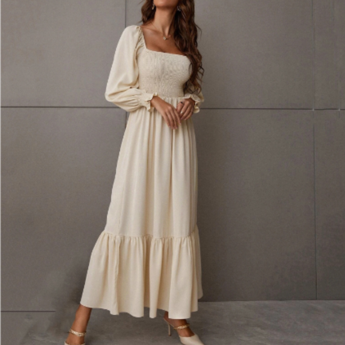 Women's Transitional Dress With Florentine Neckline And Long Sleeves