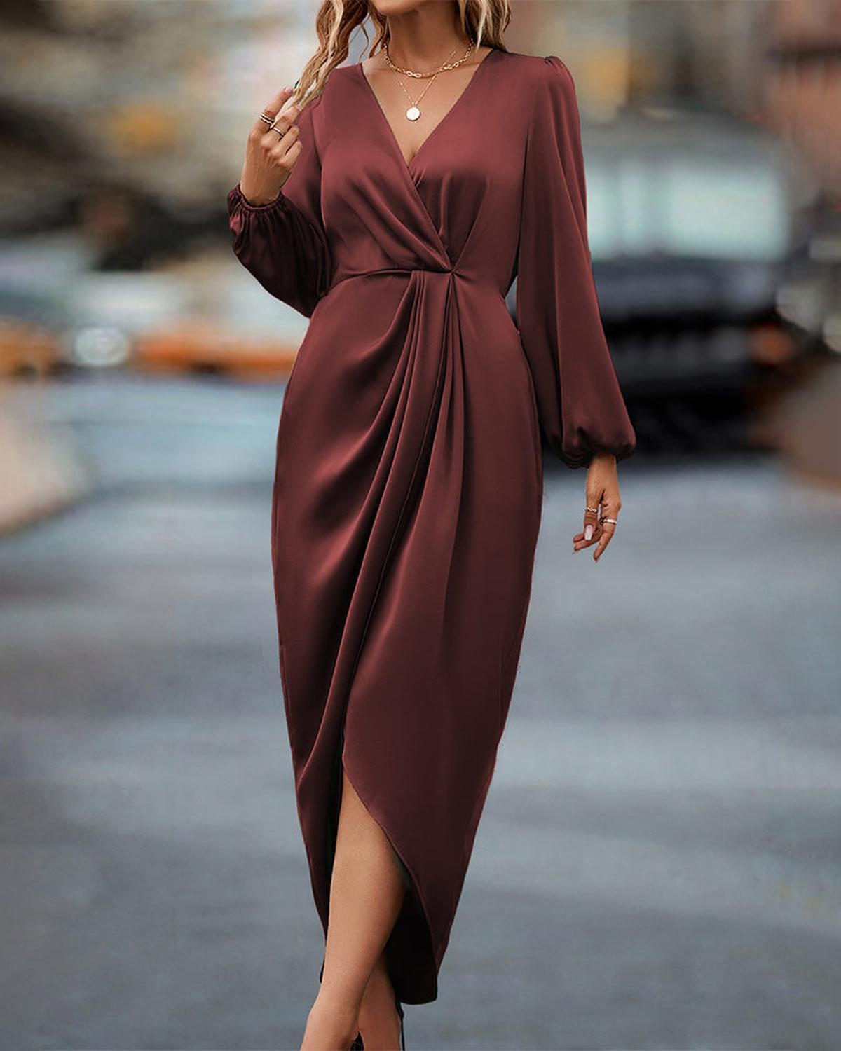 Women's V-Neck Lantern Sleeve Dress
