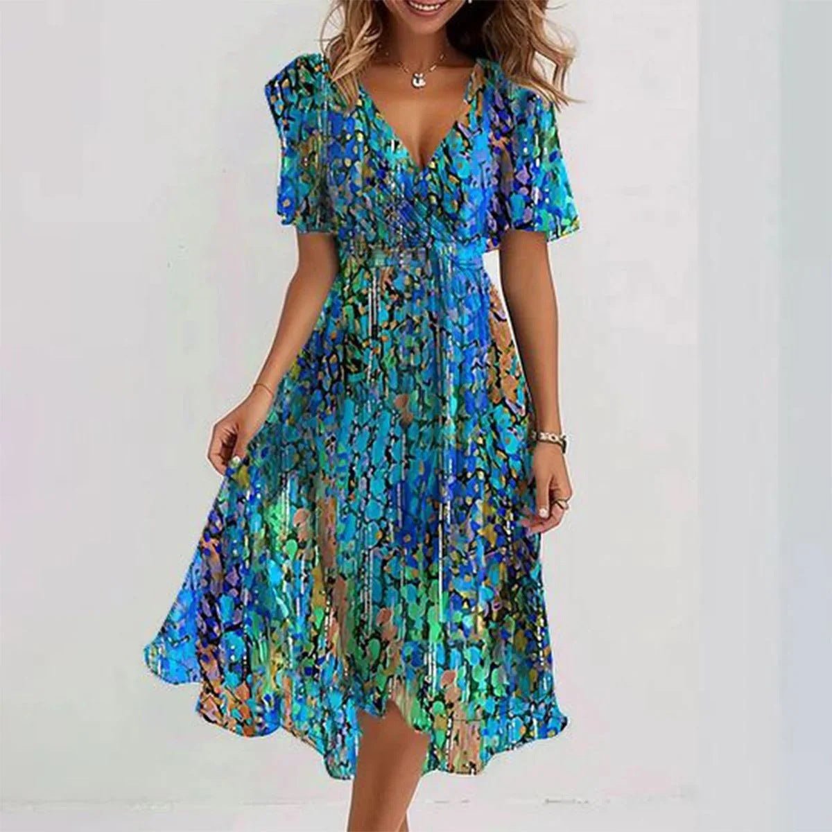 Cinched Waist Midi A-Line Wrap Dress