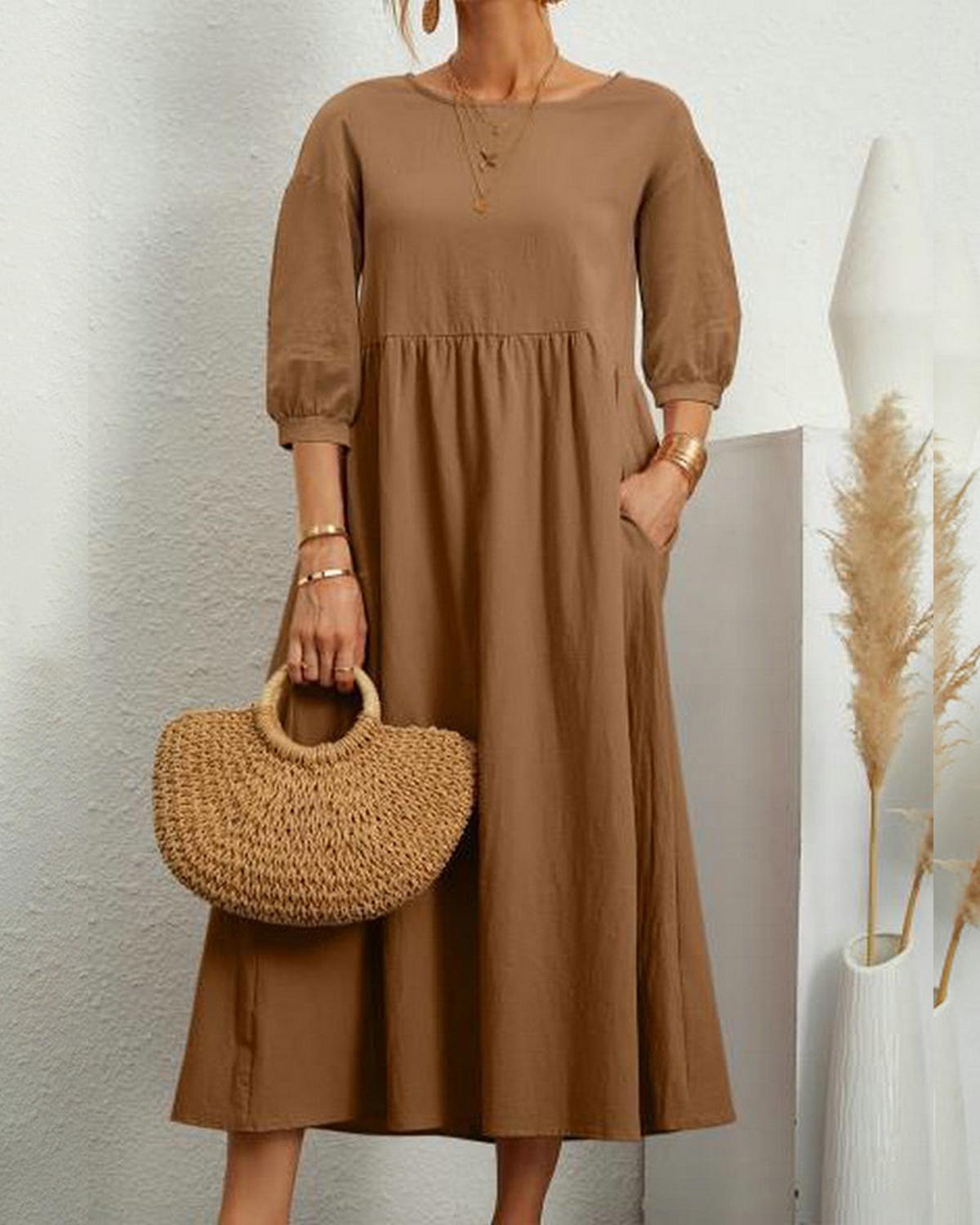 Women’s Midi Dress With Round Neckline And Lantern Sleeves